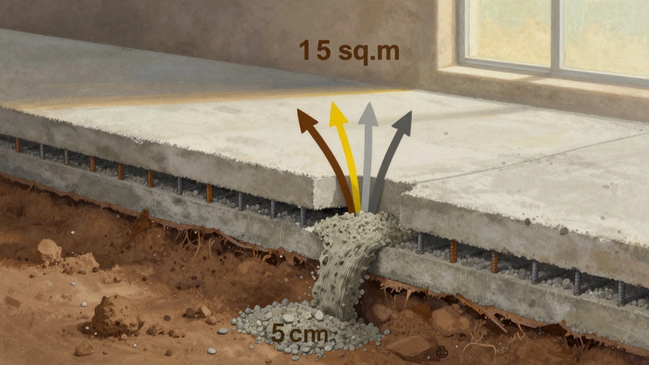 Разрез бетонной стяжки толщиной 5 см с видимыми слоями цемента, песка, щебня и арматуры.
