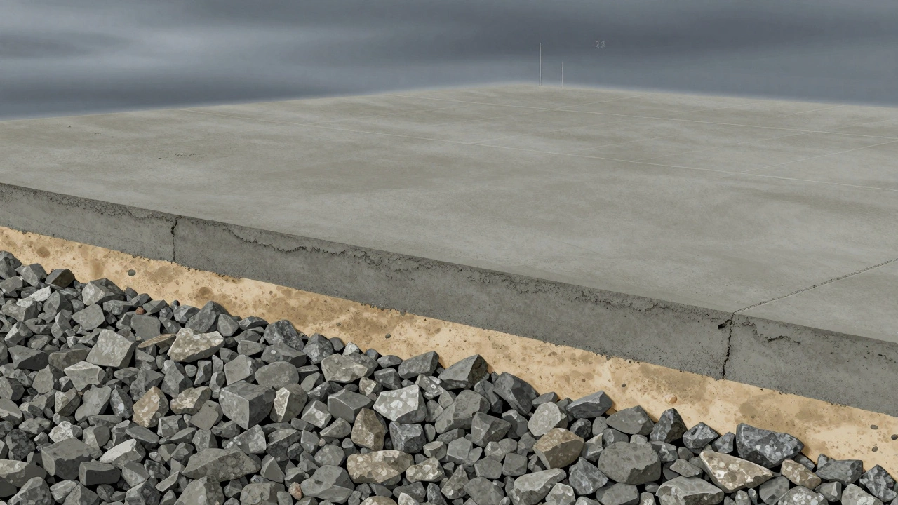 Разрез фундамента с правильно замешанным бетоном, армированным и уложенным на подушке из песка и щебня.