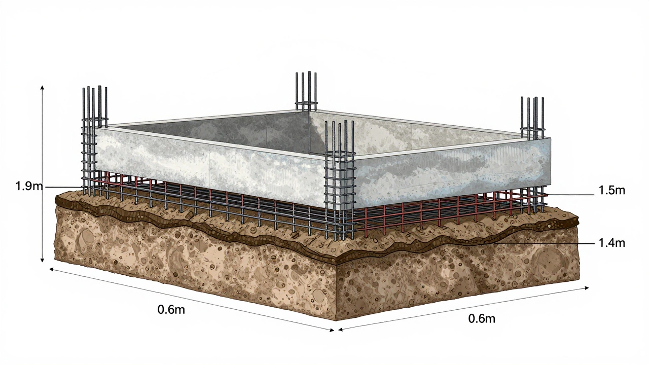Разрез ленточного фундамента с расширенной подошвой, армированием и внутренней несущей стеной, показаны слои грунта и высота.