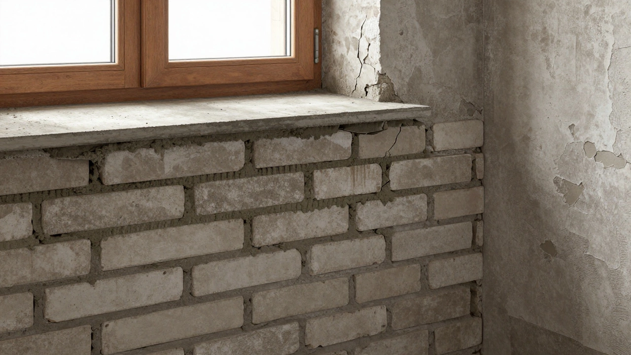 Разрез стены из кирпича, выложенной цементом М400, с прочными швами и массивной плитой перекрытия сверху.