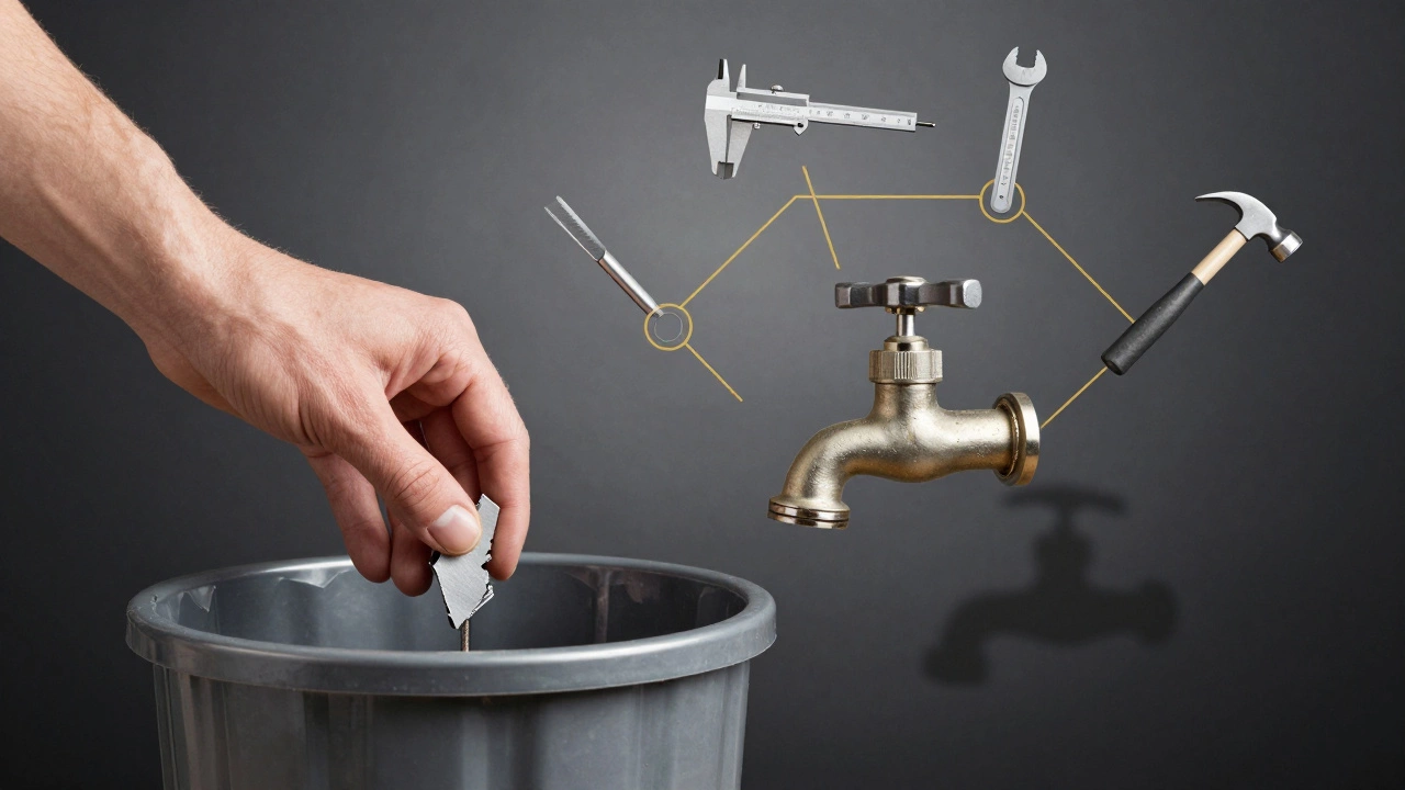 Рука кладет сломанный метчик в мусор, рядом — новый, смазанный метчик в отверстии, вокруг — иконки инструментов.