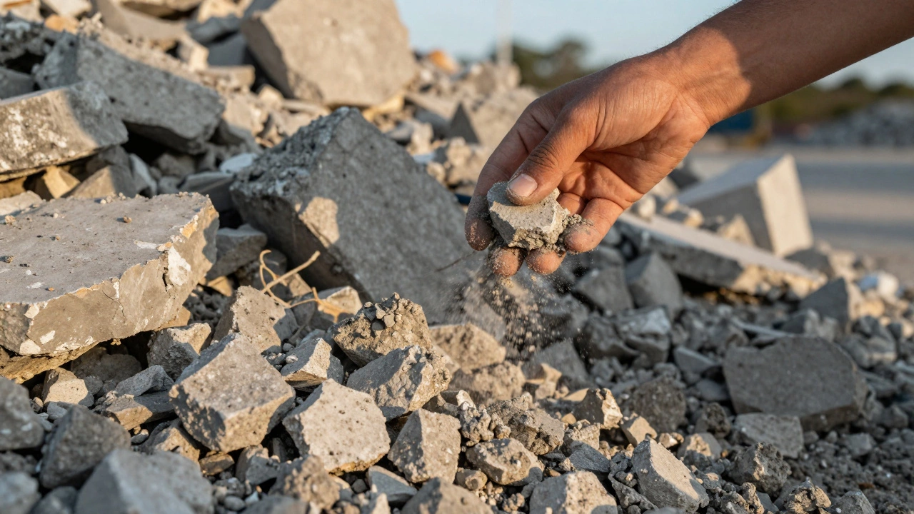 Рука сортирует щебень из переработанного бетона, на фоне свалки бетонных обломков.