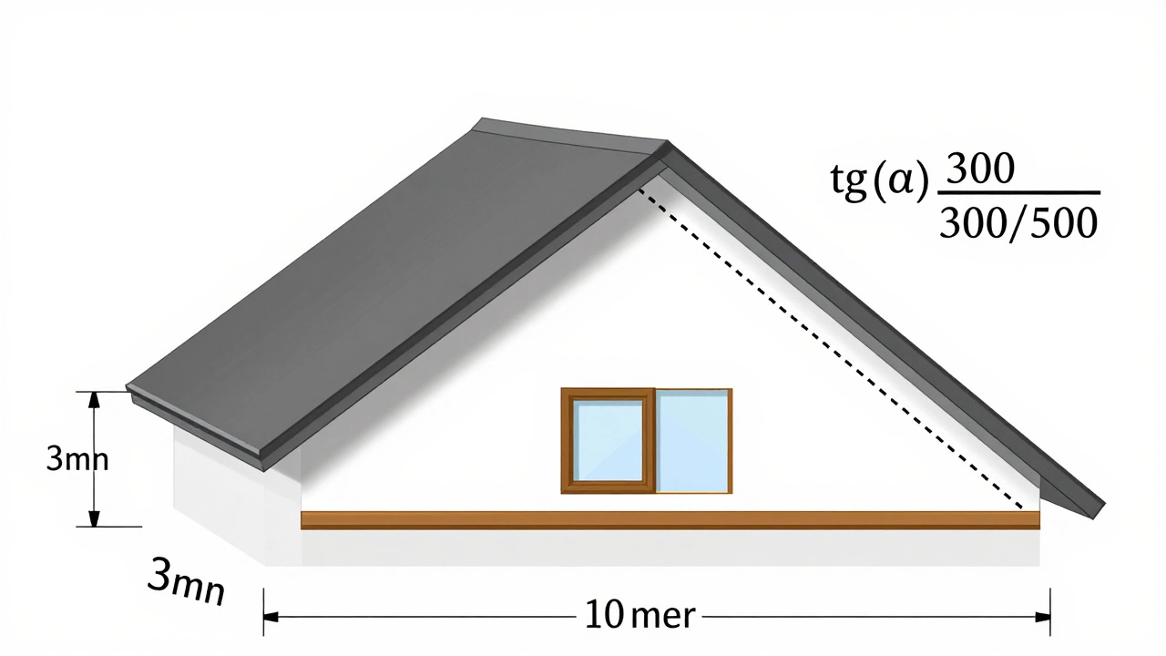 Схема расчета угла наклона крыши: треугольник с размерами 10 м и 3 м, формула tg(α) = H/(L/2).