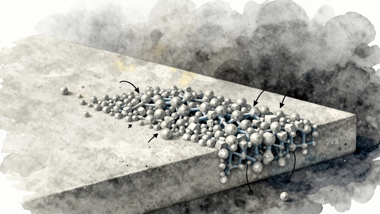 Схематичное изображение роста кристаллов в бетоне, показывающее процесс твердения за 28 дней