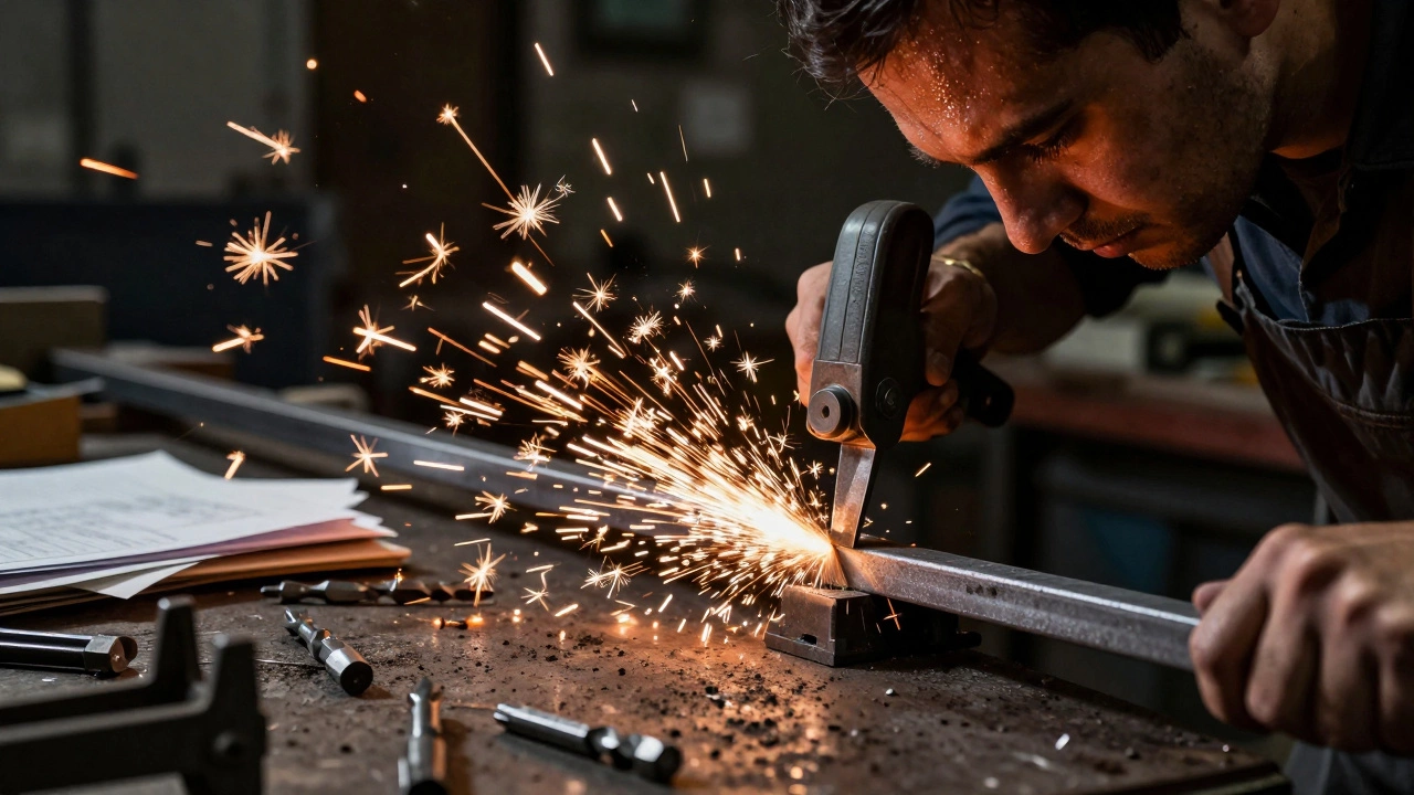 Слесарь пилит стальной пруток ножовкой, летят искры.