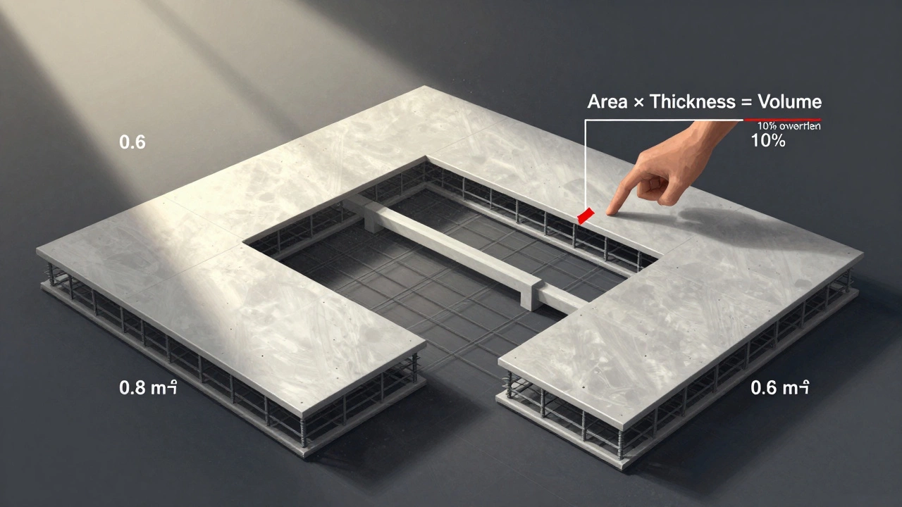 Сложный пол в форме буквы П, разбитый на три части с вычисленными объёмами бетона.