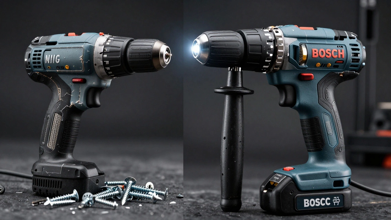 Сравнение дешевого и профессионального инструмента: один сломан, другой — с видимыми прочными деталями.