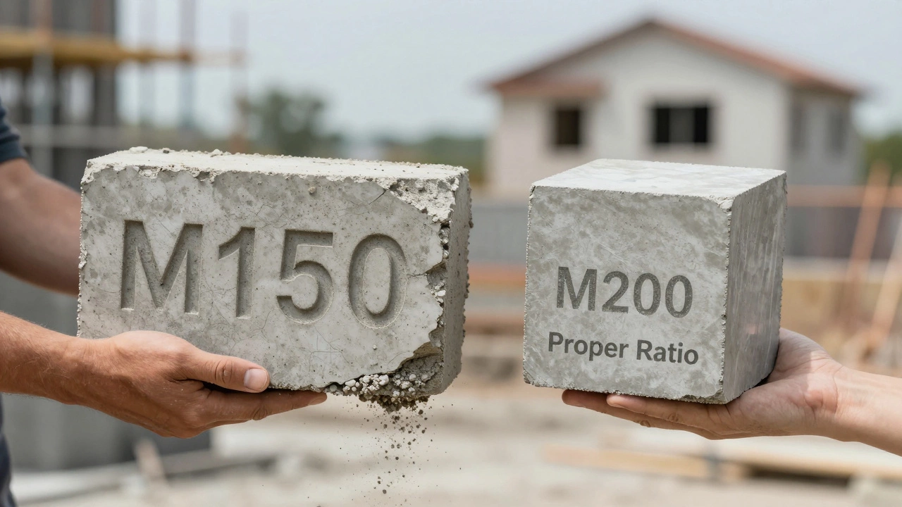 Сравнение: хрупкий бетон М150 с трещинами и прочный бетон М200 с гладкой поверхностью.