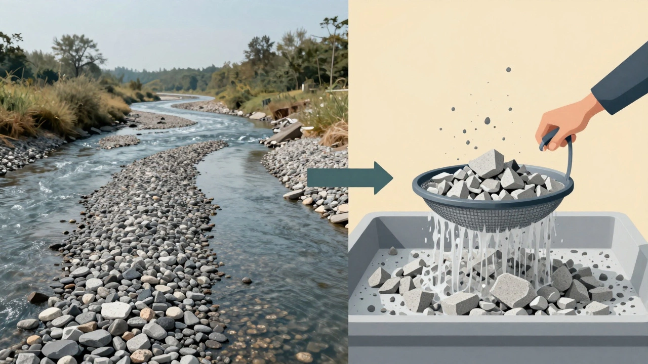 Сравнение природного гравия и переработанного бетона в виде двух частей изображения.
