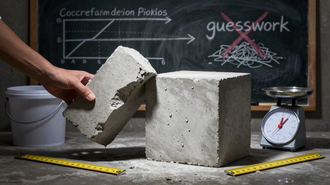 Сравнение прочного и разрушающегося бетона с инструментами для измерения и надписями о правильных пропорциях.