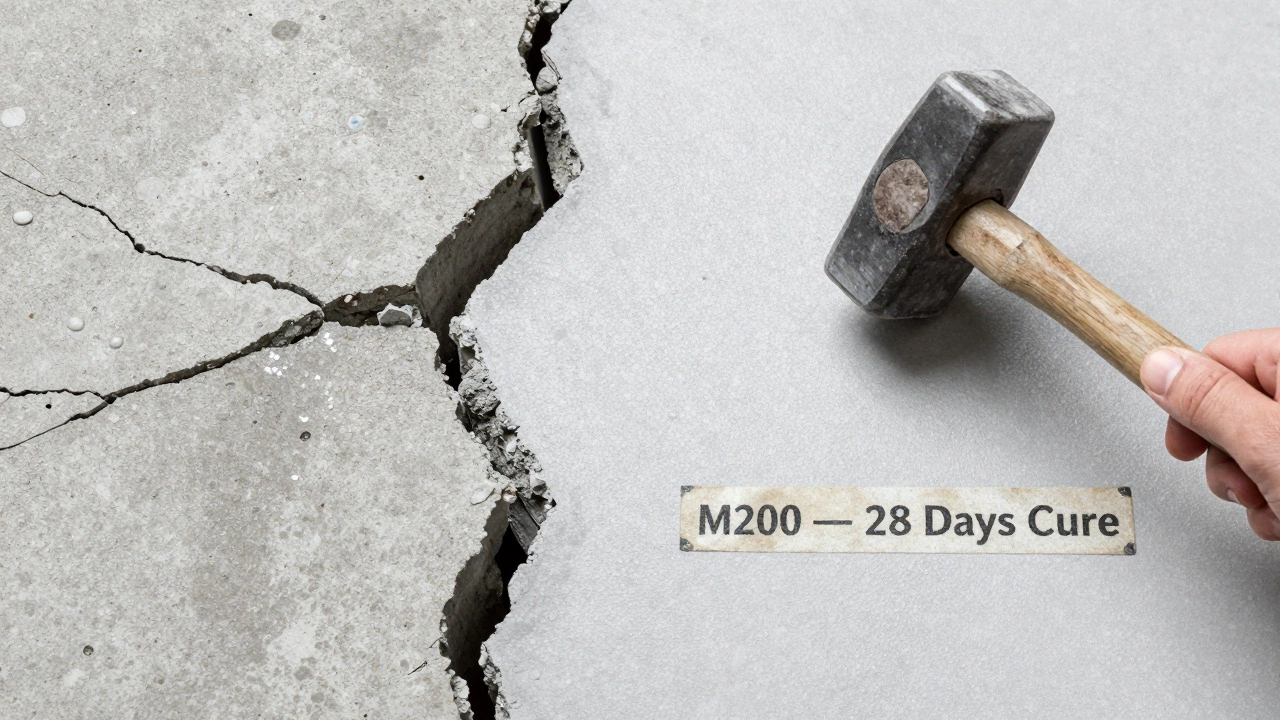 Сравнение треснувшего и идеального бетона: один с пустотами и следами воды, другой — гладкий, с микро-пузырьками от добавок.