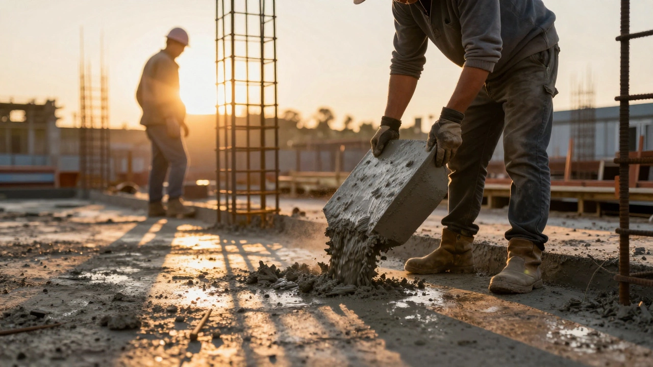 Строительство фундамента с арматурой на закате