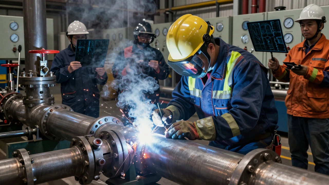 Сварщик проверяет шов на высоконапорной трубе с помощью рентгеновского контроля в промышленной среде.