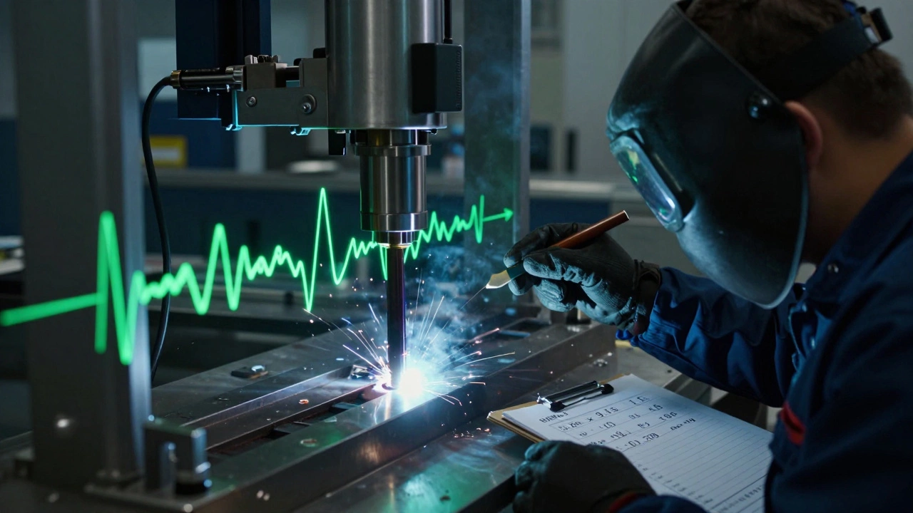 Сварщик проверяет вертикальный шов с помощью ультразвукового дефектоскопа, светящиеся волны сканируют металл.