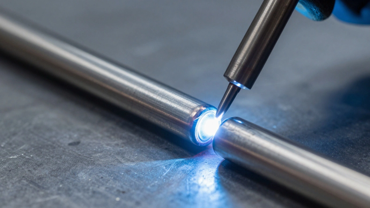 Тонкая нержавеющая труба сваривается методом TIG, шов выглядит как вылитое стекло без дефектов.