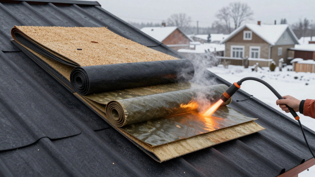 Трехслойная рулонная кровля на скатной крыше с нагревом газовой горелкой и паром.