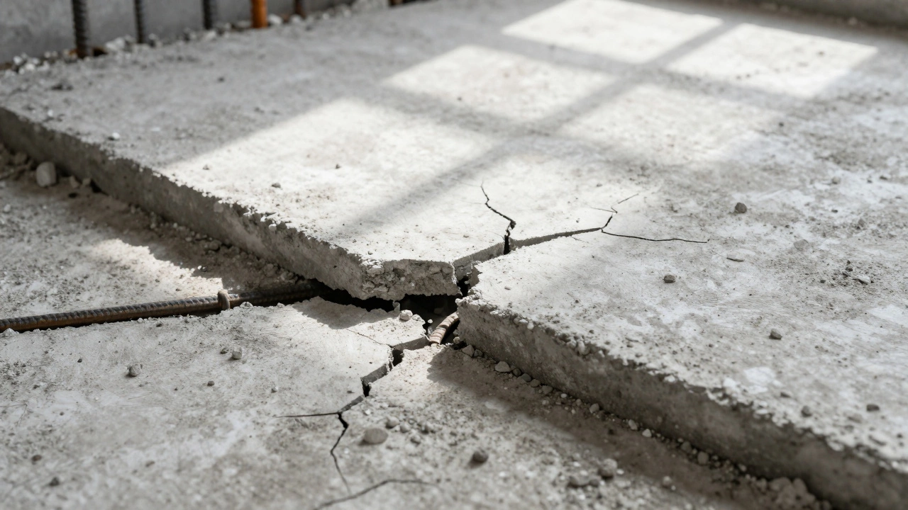 Трещины в бетонном перекрытии из-за неправильного армирования, детальный вид.