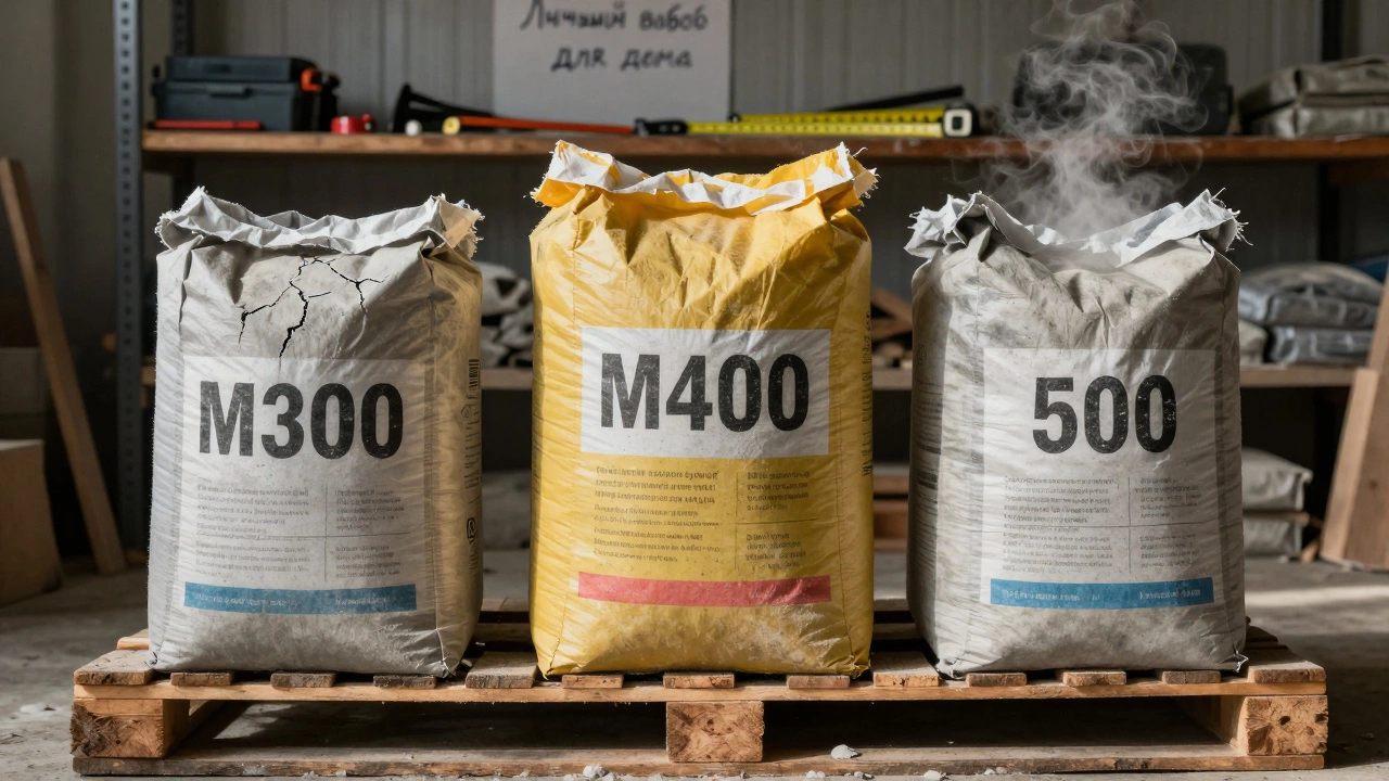 Три мешка цемента — М300, М400 и М500 — на деревянной палете, М400 в центре под светом, остальные повреждены.