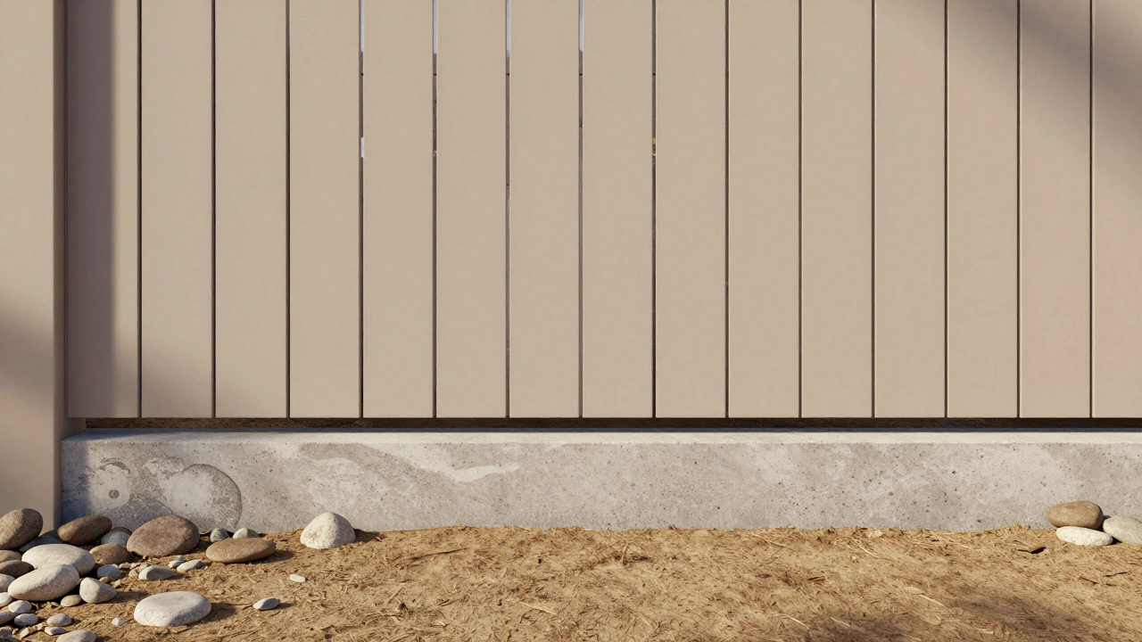 Забор на бетонном цоколе, обложенный камнем, без прямого контакта с землёй.