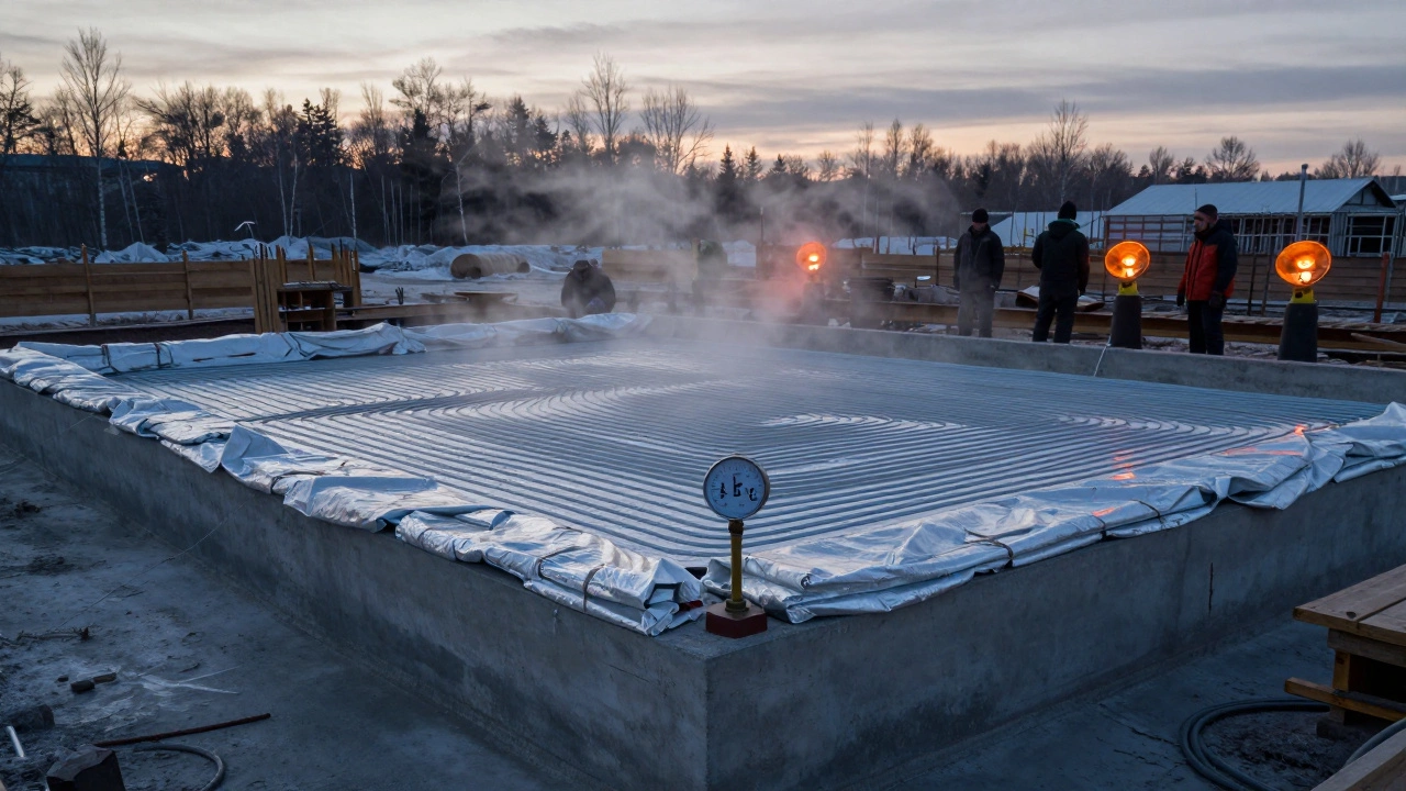 Залитый фундамент под утепляющими покрытиями и греющими кабелями в холодном климате России