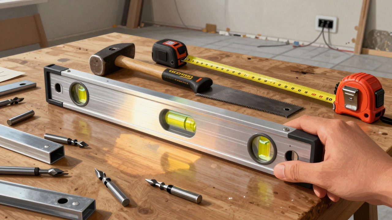 Алюминиевый уровень с лазерной меткой и металлическая ножовка лежат на рабочем столе рядом с рулеткой и профилями.