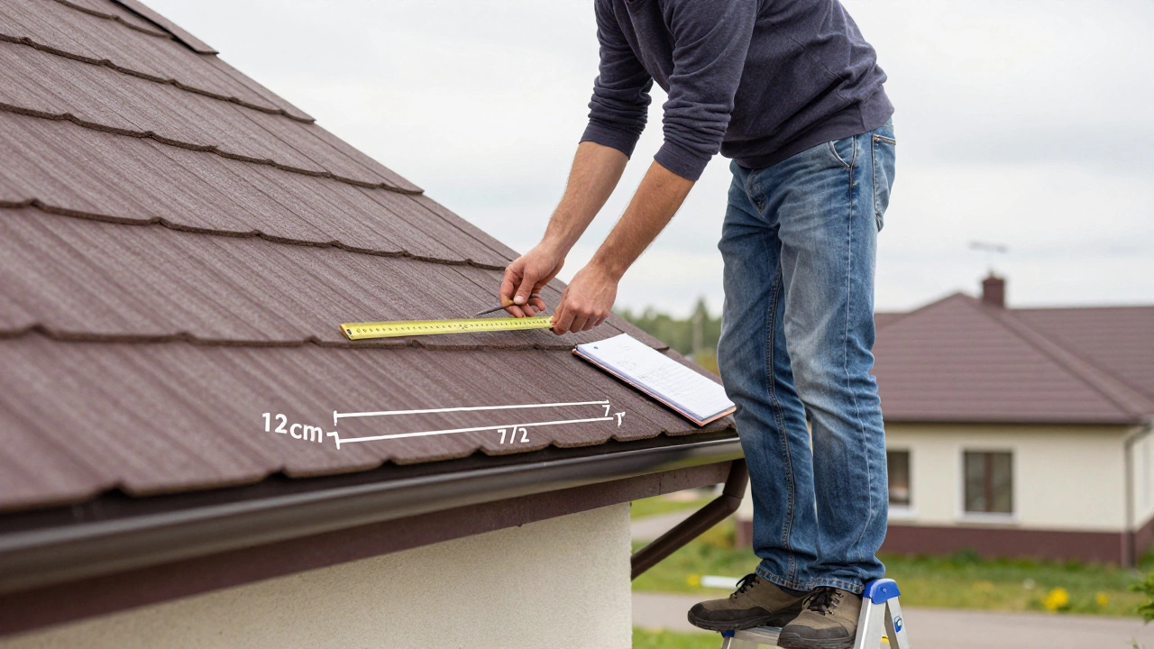 Человек измеряет уклон крыши линейкой, определяя соотношение 7/12 на обрешетке.