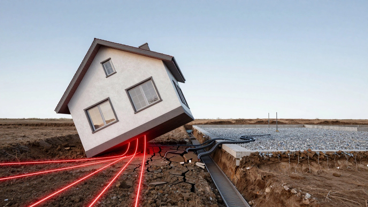 Дом на треснувшем фундаменте рядом с устойчивым фундаментом — контраст разрушения и надежности.