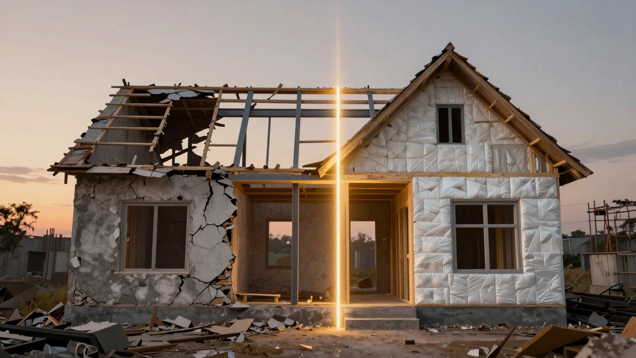 Дом, разделённый на старую разрушающуюся часть и современную укреплённую конструкцию.