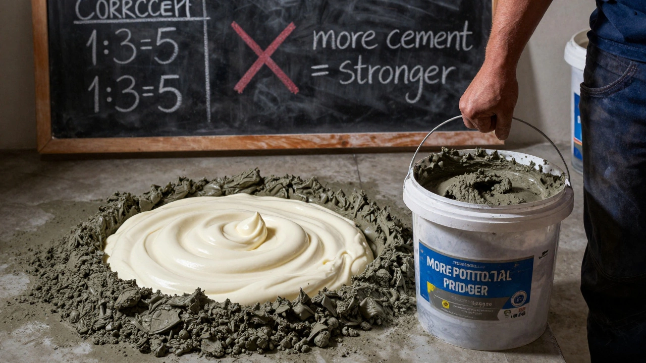 Два ведра с бетоном: слишком густой темный раствор и правильно смешанный, рядом — пропорции на доске