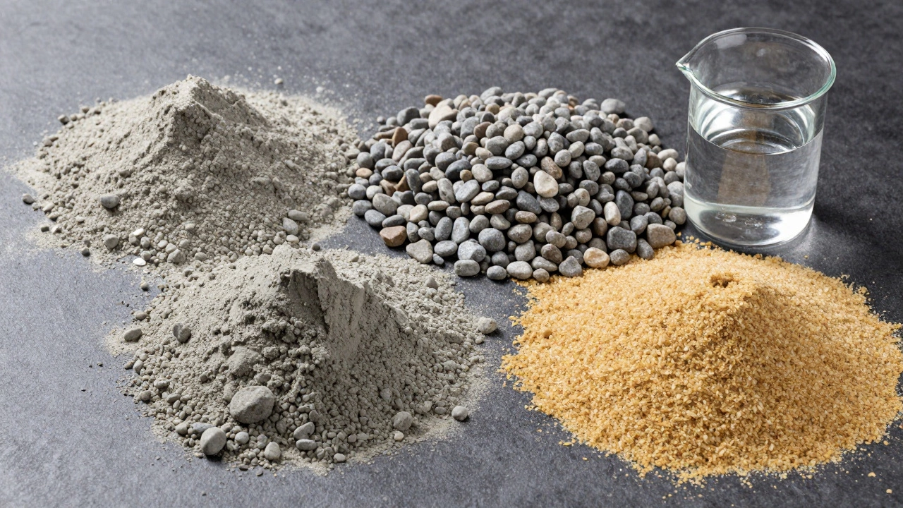 Ингредиенты бетона: щебень, песок и цемент рядом