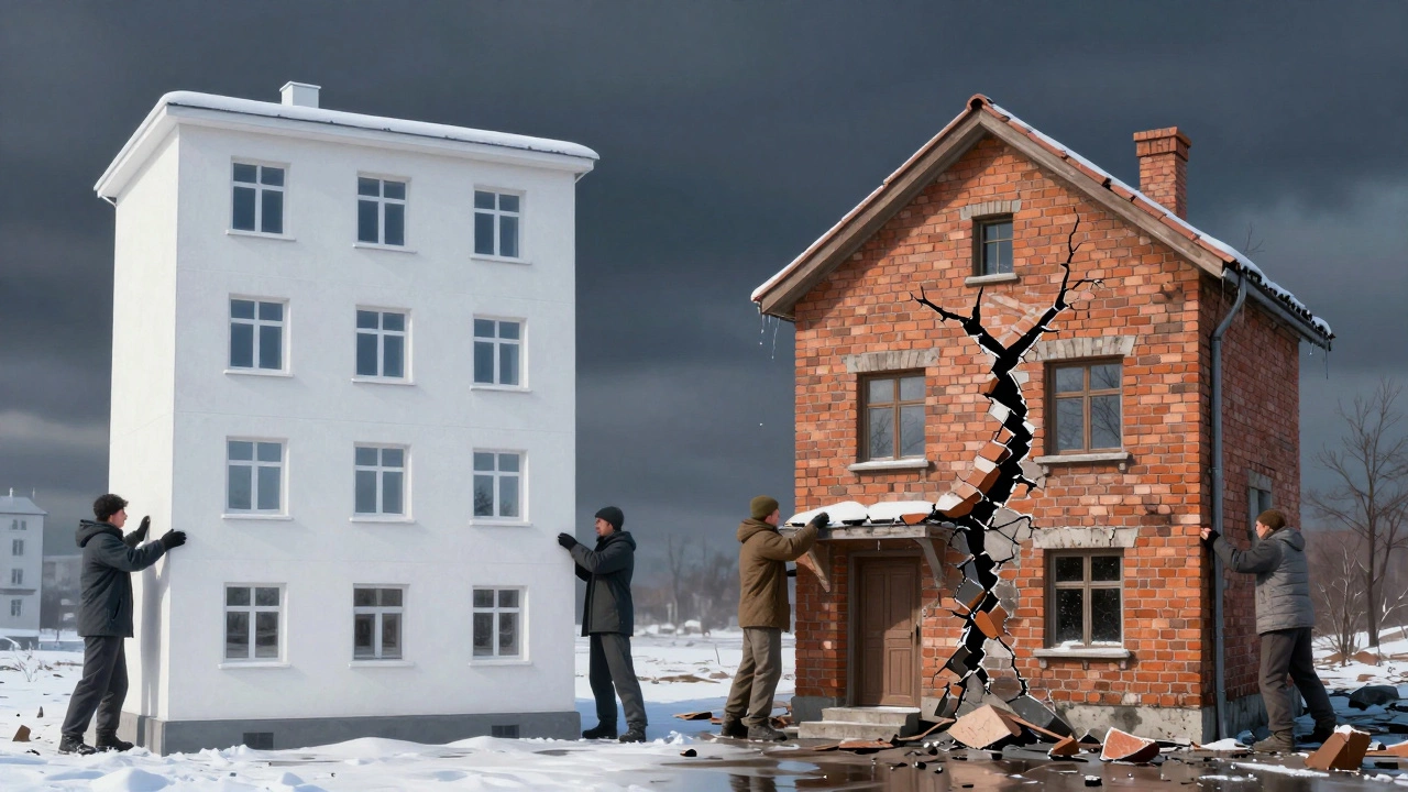 Контраст: панельный дом сохраняет целостность при морозе, а кирпичный трескается и разрушается.