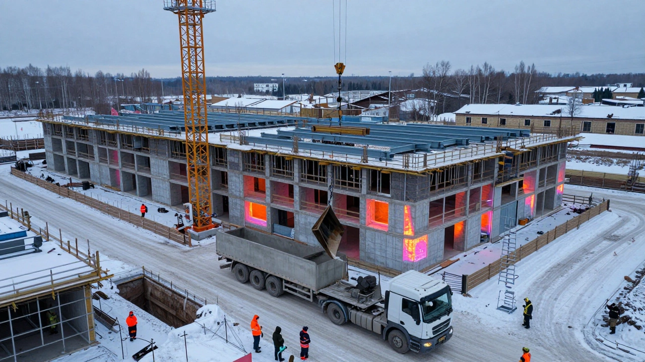 Кран поднимает стальные балки на стройке в зимнем городе, виден бетоновоз и рабочие с анализаторами газа.