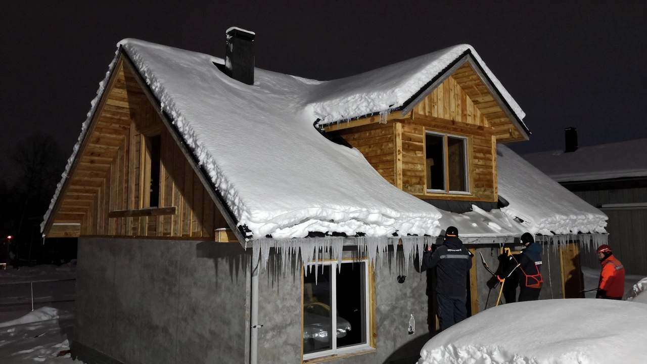 Крыша с углом 10° под тяжелым слоем снега, рабочие устанавливают снегозадержатели.