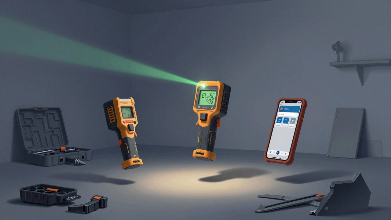 Лазерный дальномер и электронный угломер в минималистичной мастерской, тени бракованных инструментов на полу.