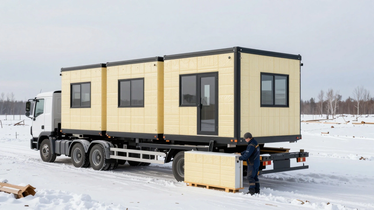 Модульный дом доставляется на участок в снежную местность России, готовый к сборке