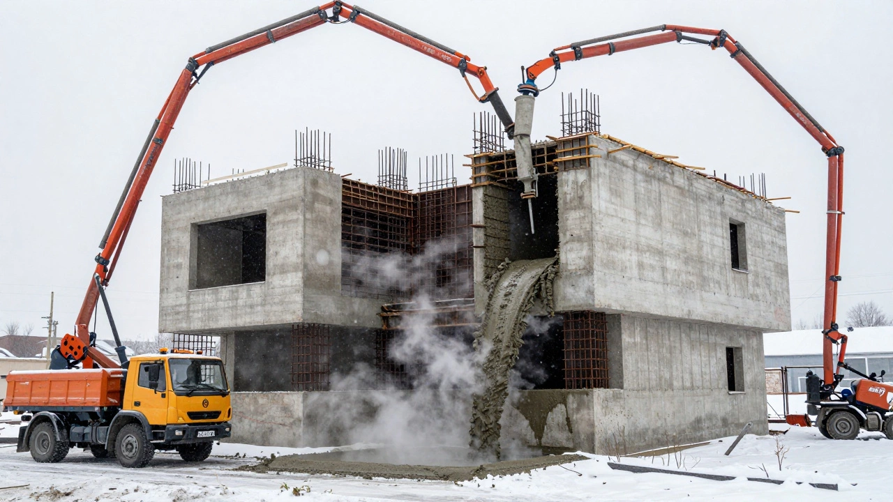 Монолитный бетонный дом с арматурой и опалубкой в зимних условиях Нижнего Новгорода