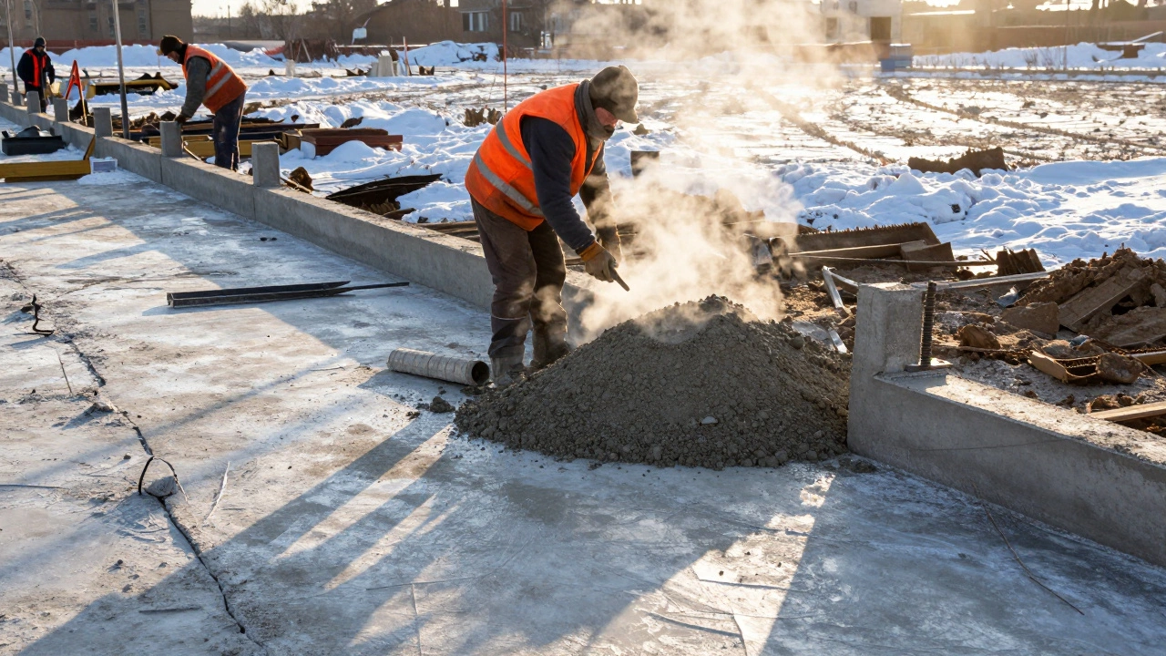 Монтаж бетонных оснований для столбов забора зимой