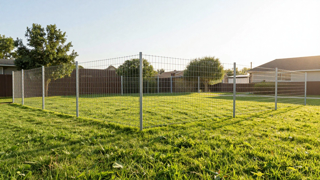 Построенный простой забор из сетки вокруг частного дома.