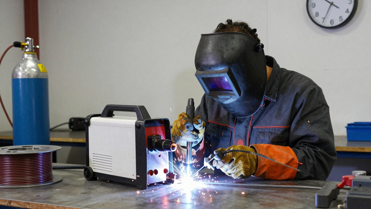 Профессионал использует МИГ-сварку, чистый шов и баллон с газом на фоне.