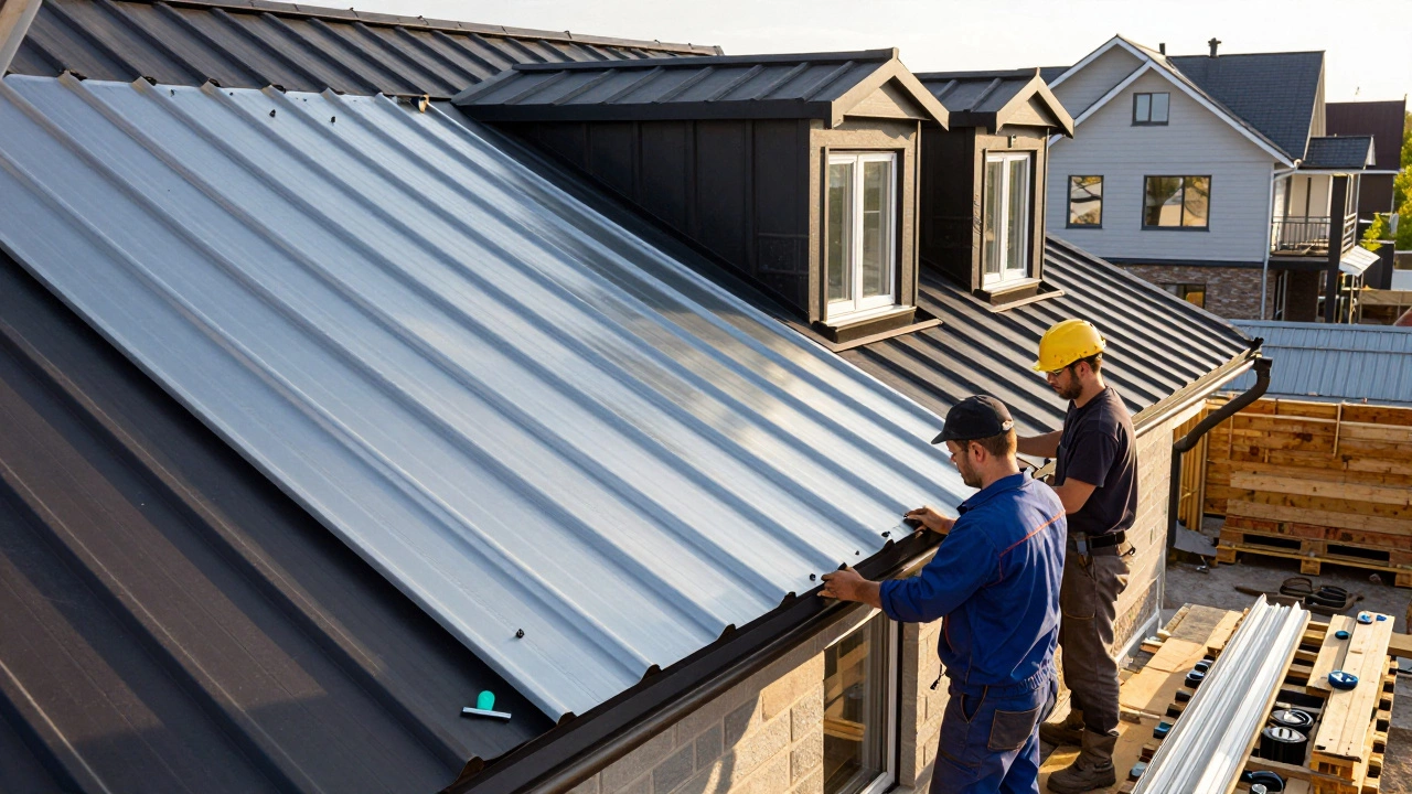 Рабочие монтируют профлист на крышу с элементами крепления и аксессуарами