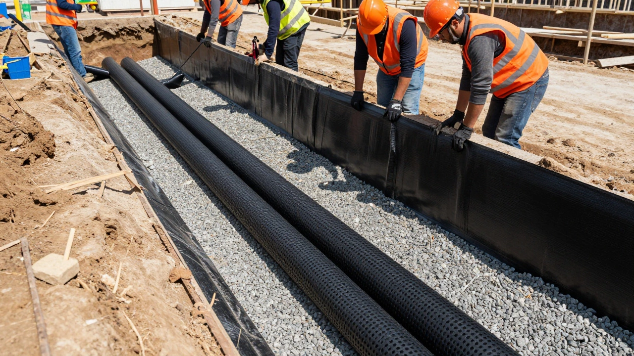 Рабочие укладывают дренажную трубу вокруг цоколя