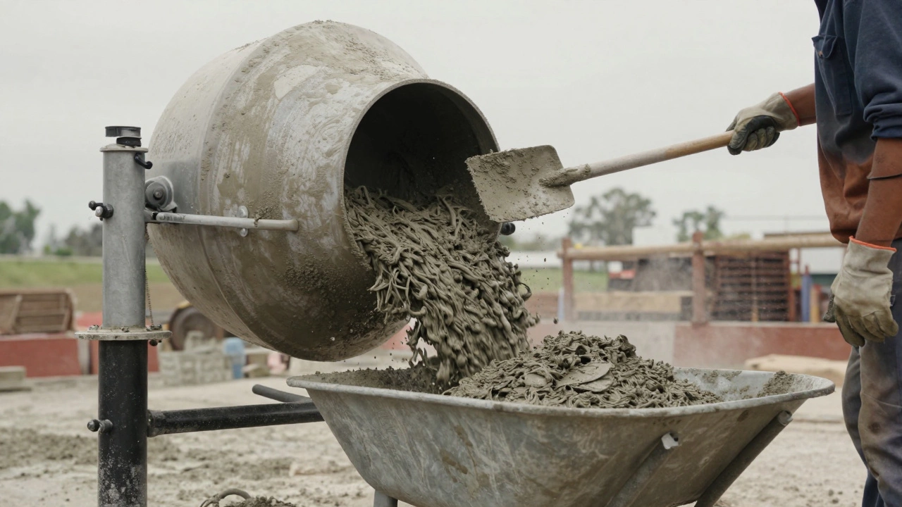 Рабочий смешивает бетонную смесь в бетономешалке с помощью лопаты