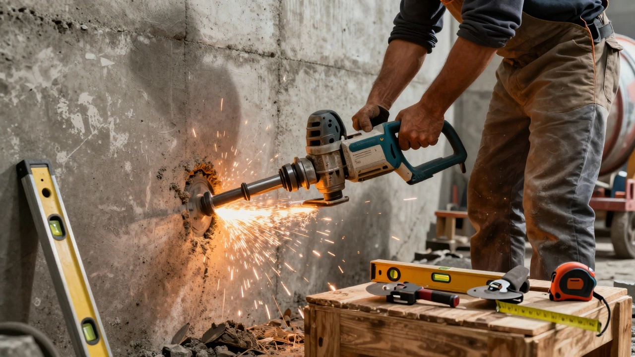 Рабочий сверлит бетон перфоратором, искры летят в воздухе, рядом бетономешалка.