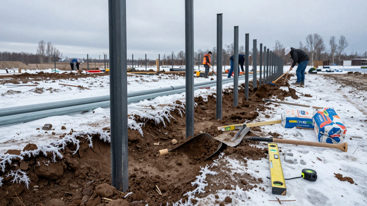 Работники копают ямы для столбов забора на промерзшем грунте