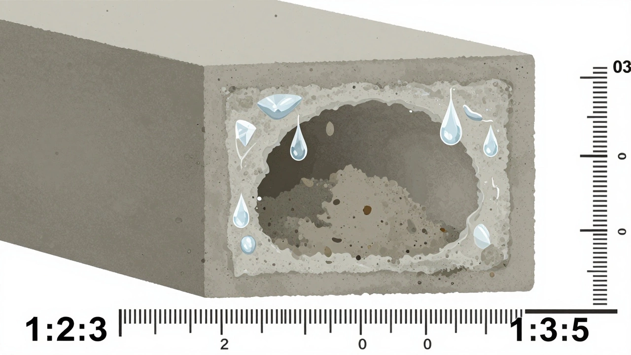 Разрез бетона с непрореагировавшим цементом внутри и льдом в порах, сравнение пропорций смеси