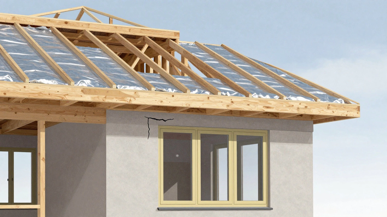 Разрез дома на втором этапе строительства: показаны стропила, гидроизоляция, окна с уплотнителями и следы усадки стены.