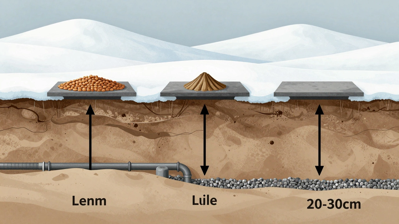 Разрез фундаментов разных типов в слоях грунта с дренажом и подушкой, показана глубина промерзания.