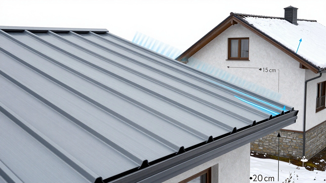 Разрез кровли с указанием нахлестов между листами профлиста и направлением стока воды