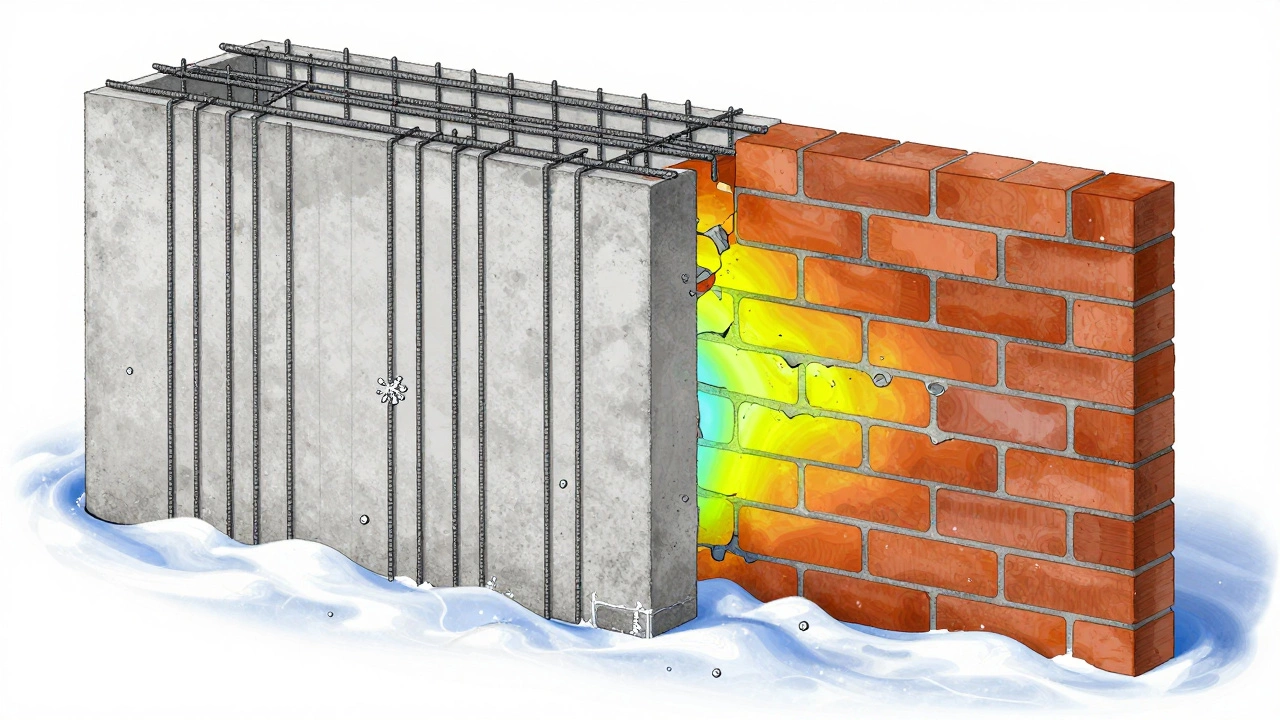 Разрез современной панельной стены и кирпичной кладки с тепловыми зонами и структурой армирования.