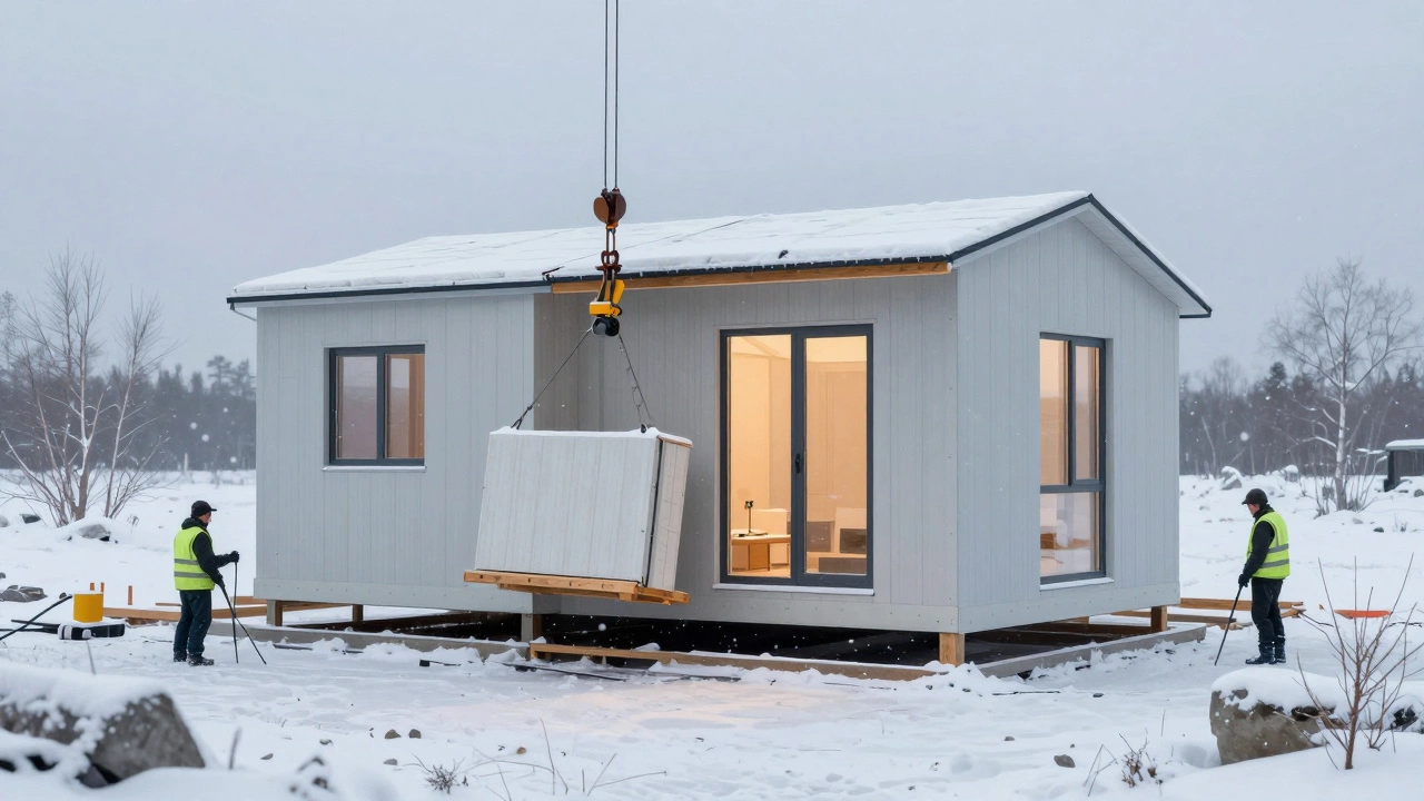 Сборка сборно-щитового дома на снежном участке в России с помощью крана.